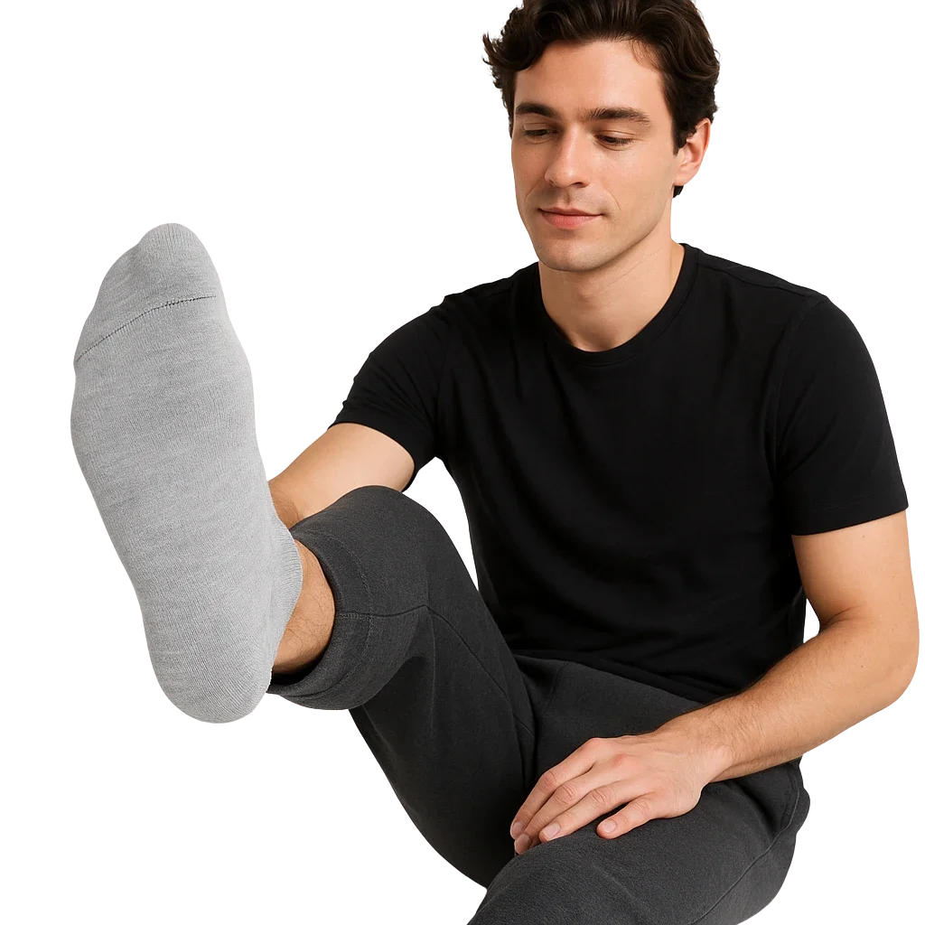 a man wearing a black shirt and grey pants with his foot in the air