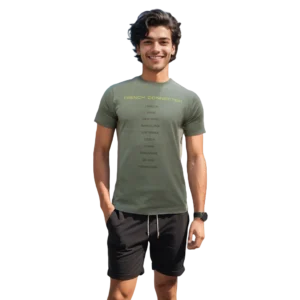 a man standing in shorts and a green shirt
