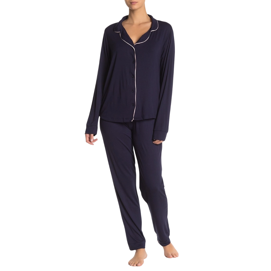 a woman wearing a blue pajamas