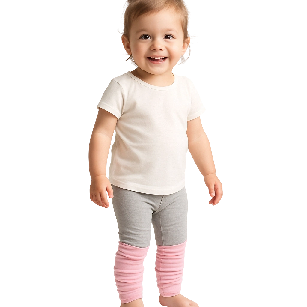 a child standing in a white shirt and grey pants