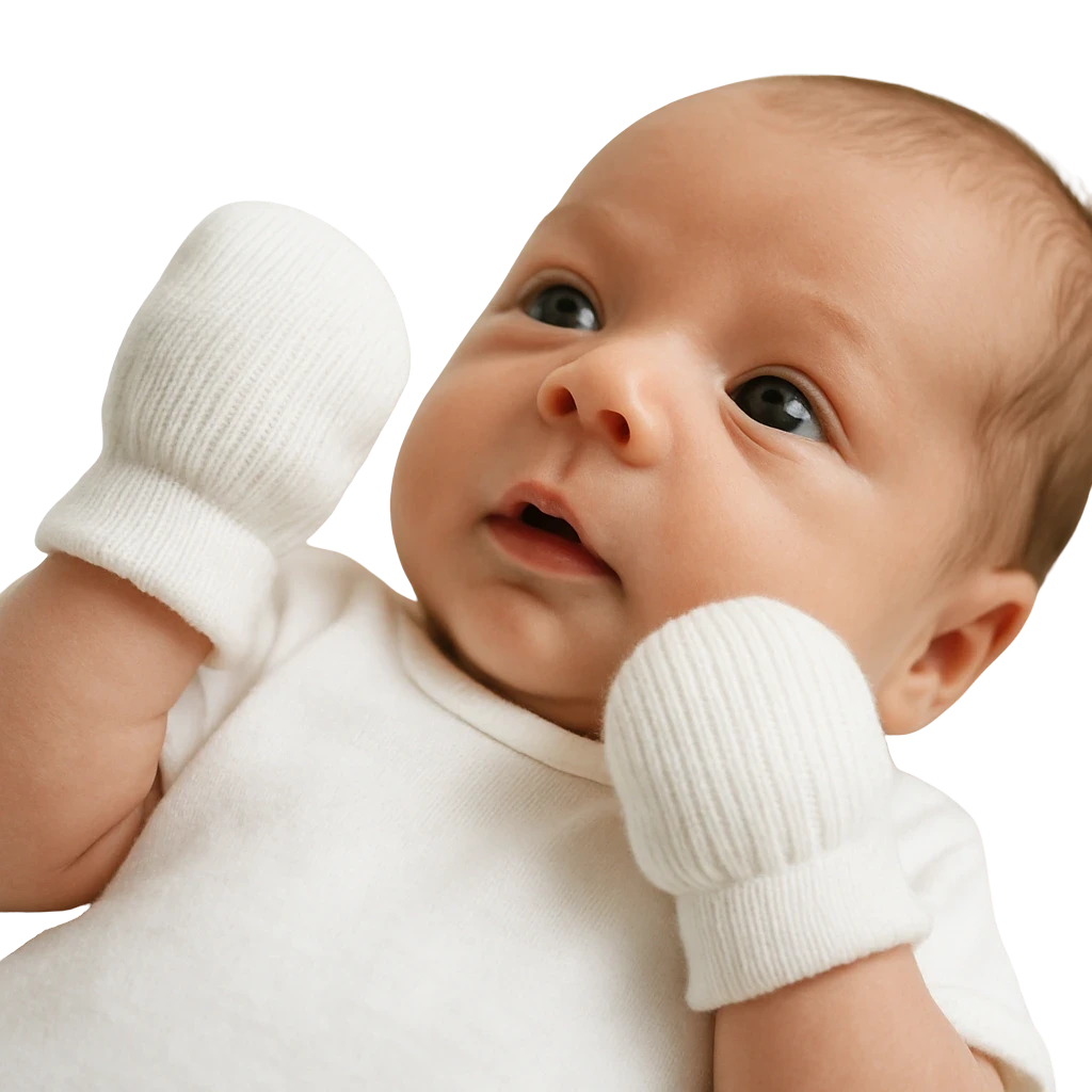 a baby wearing white gloves