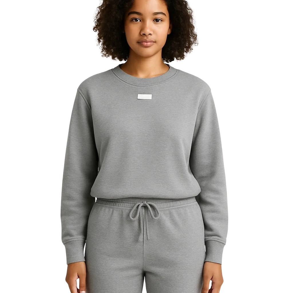 a woman wearing a grey sweat suit
