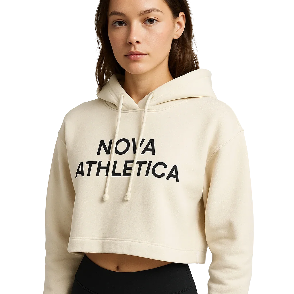 a woman in a cropped white sweatshirt