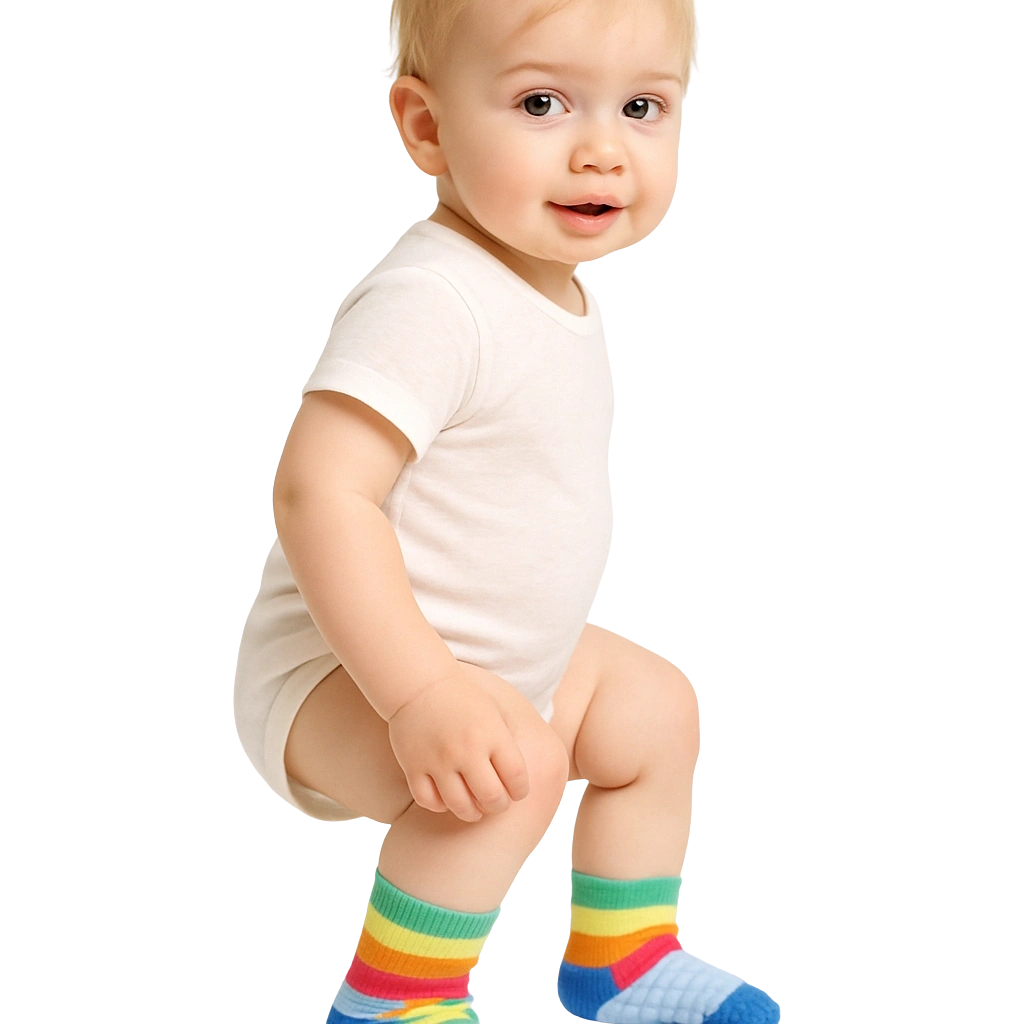 a baby in a white shirt and rainbow socks