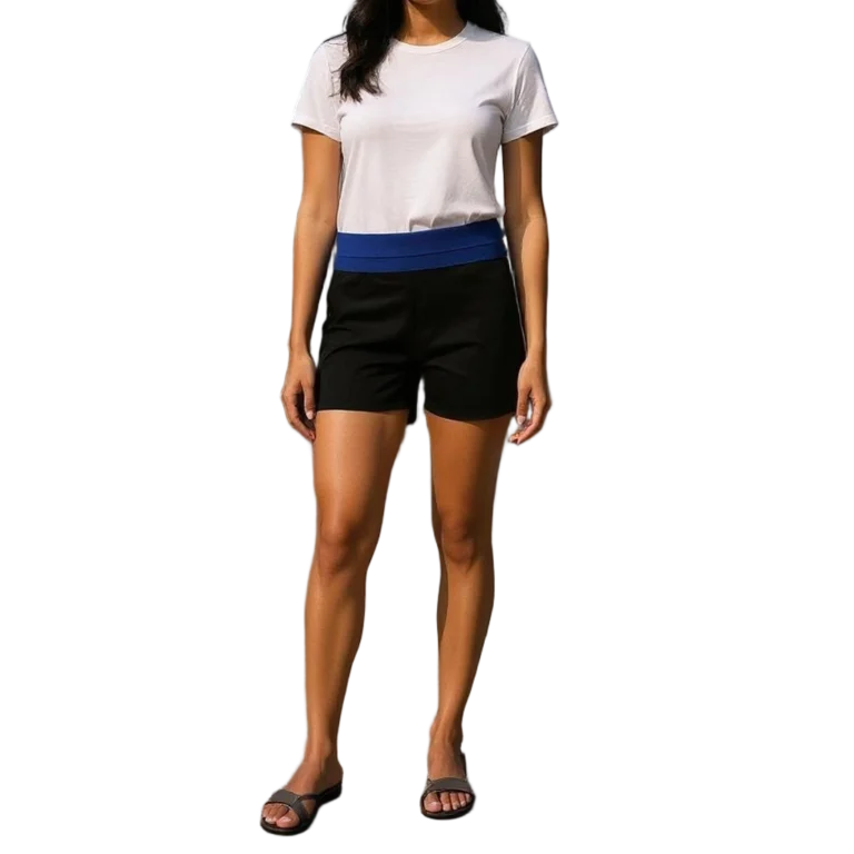 a woman standing in shorts and a white shirt