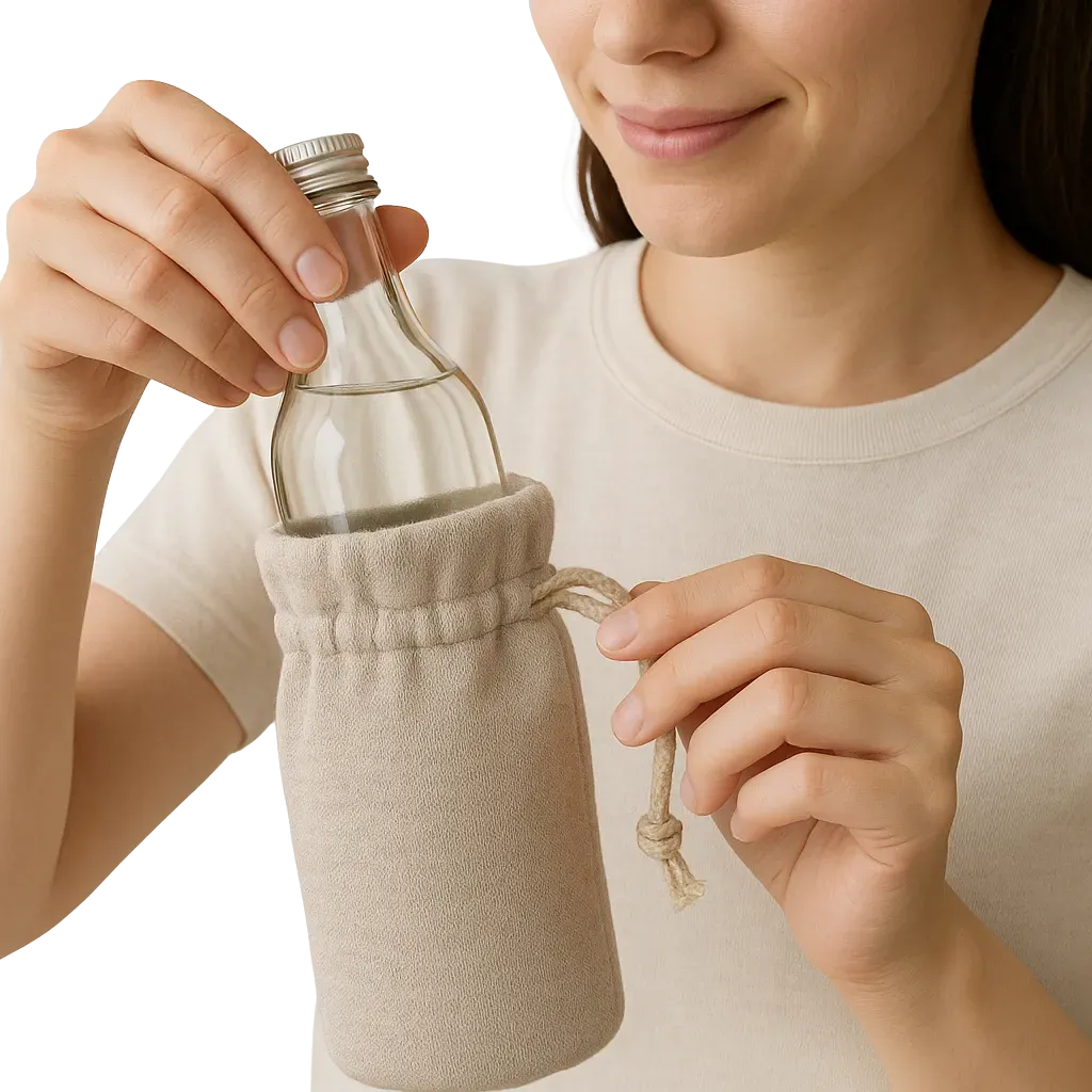 a woman holding a bottle