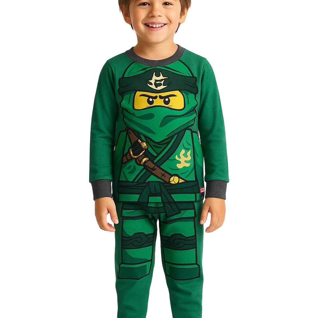a boy in a green pajamas