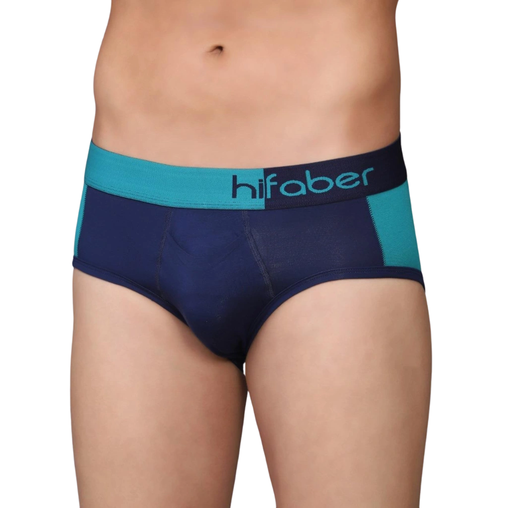 a person wearing blue and black underwear