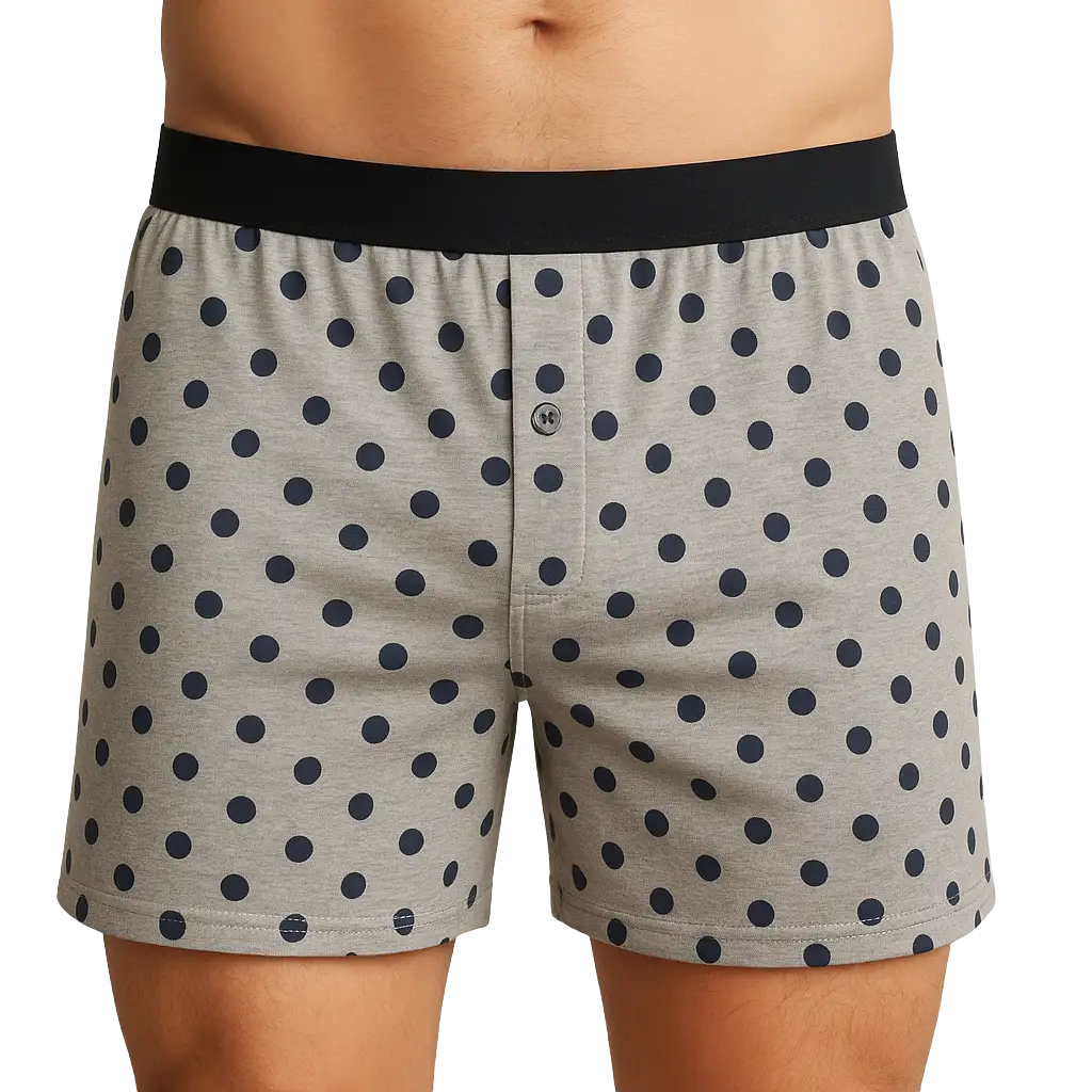 a person wearing a grey and black boxer shorts