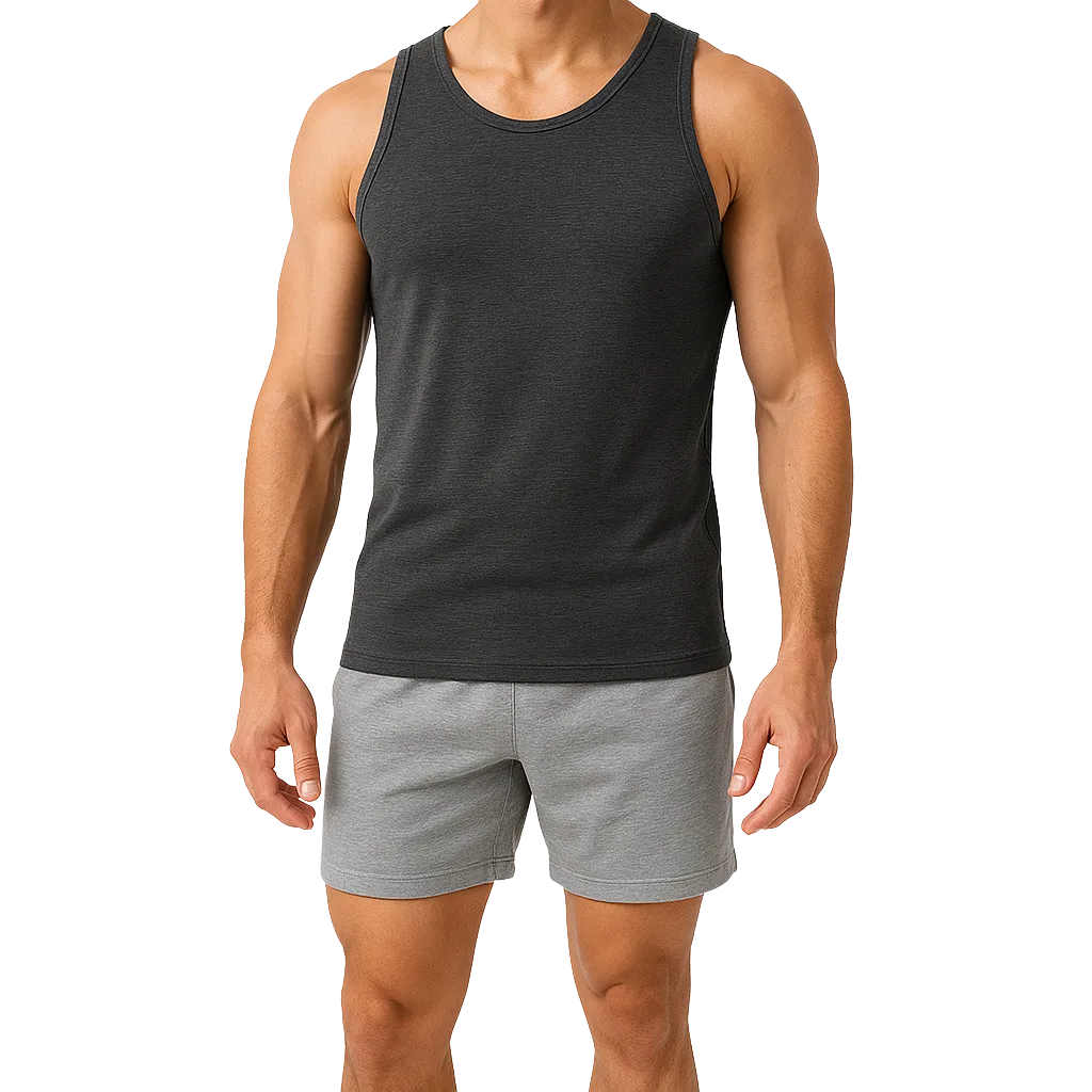 a man in a tank top and shorts