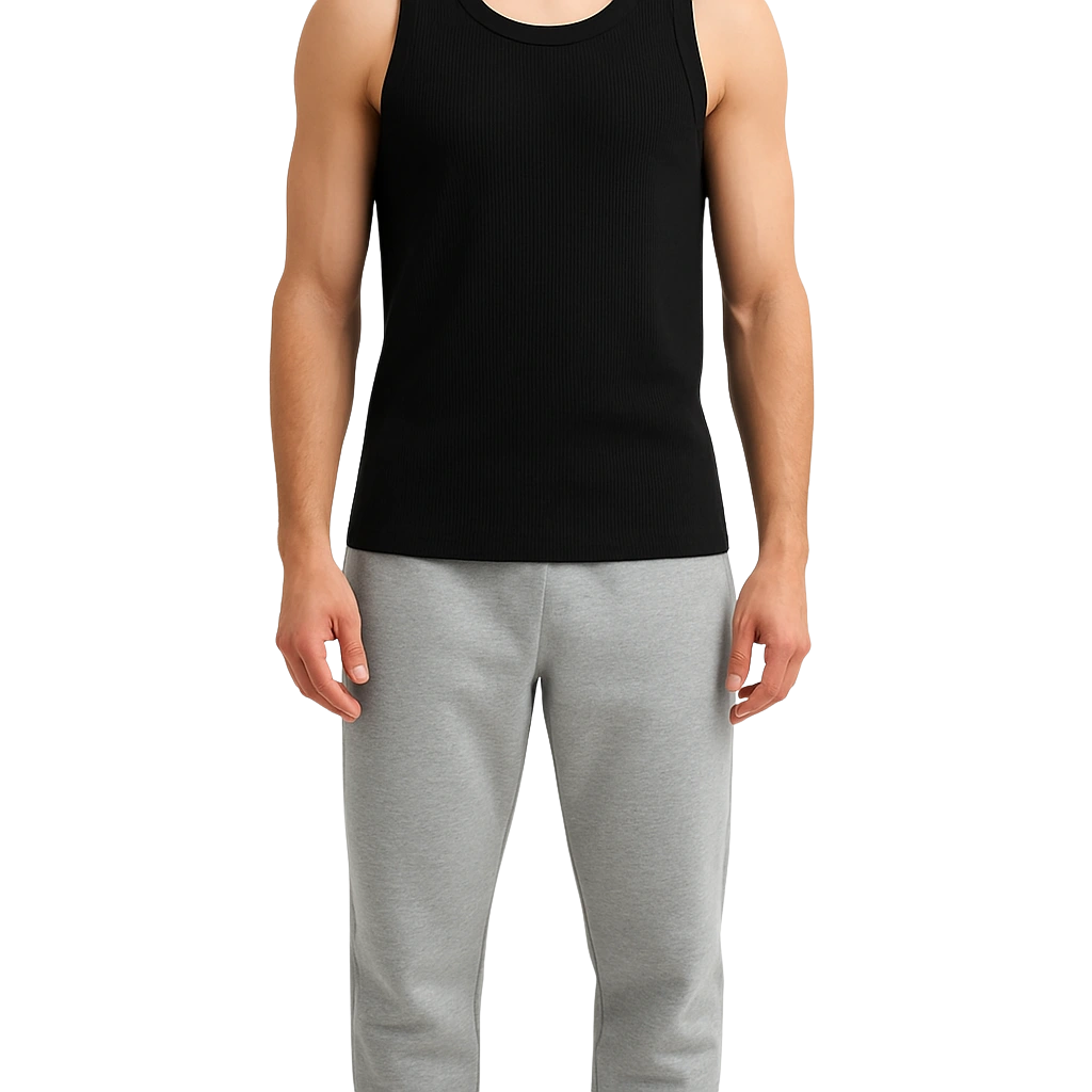 a man wearing a black tank top and grey sweatpants