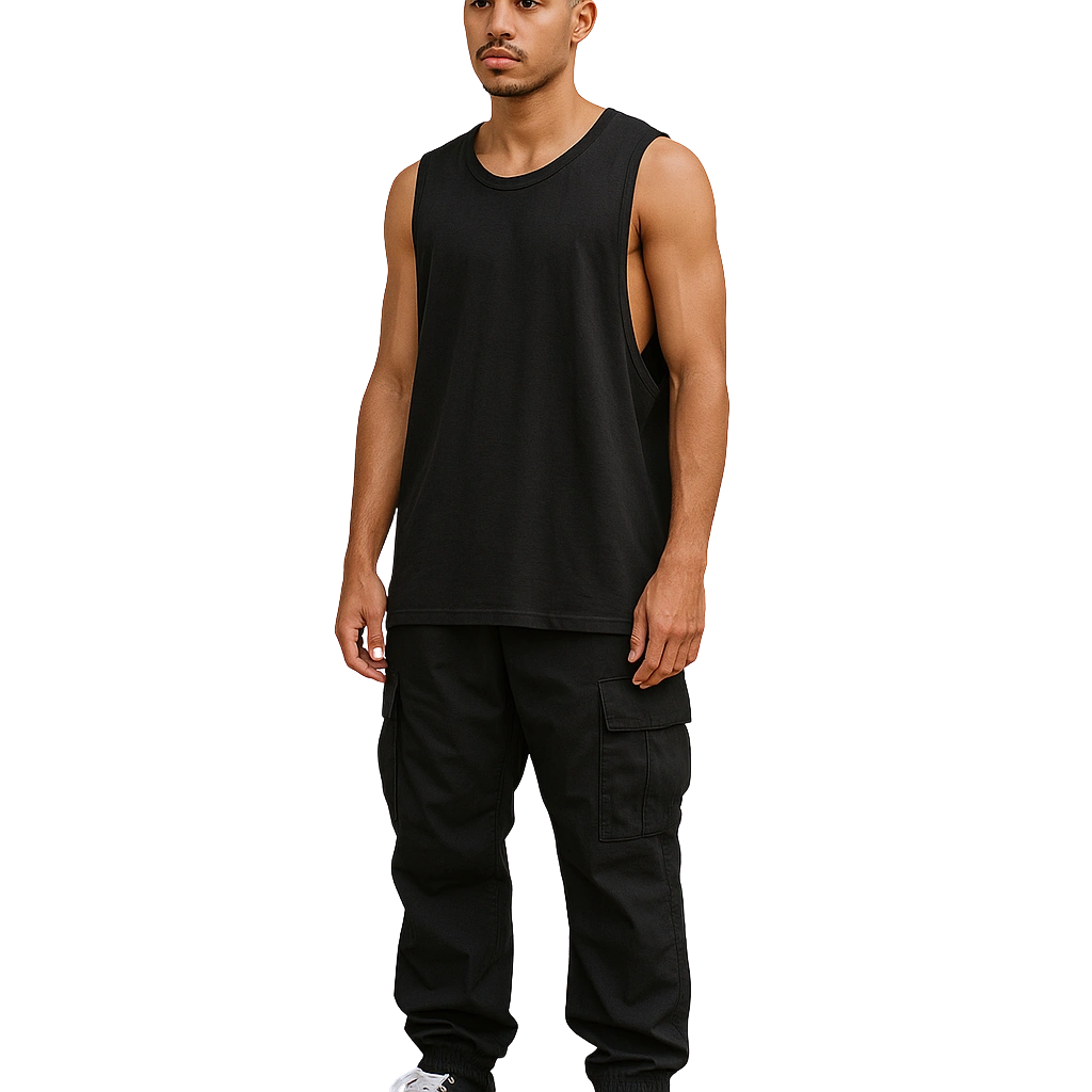 a man in a black tank top
