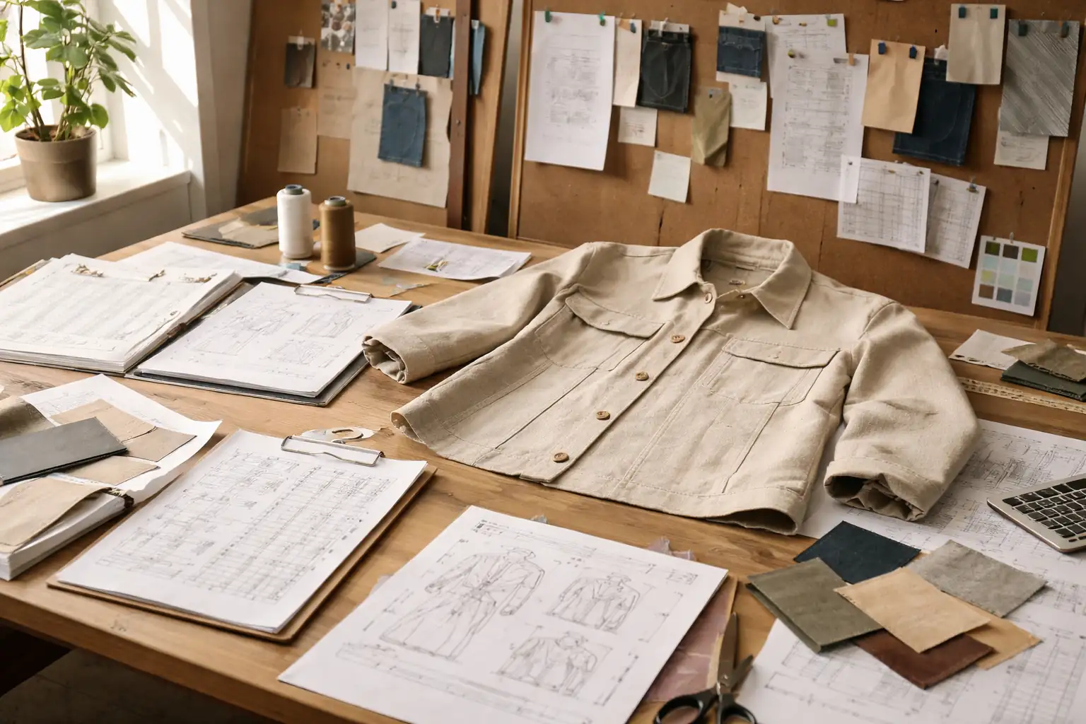 Fashion design workspace with garment tech packs, measurement charts, fabric swatches, and sample pieces prepared for private label apparel production