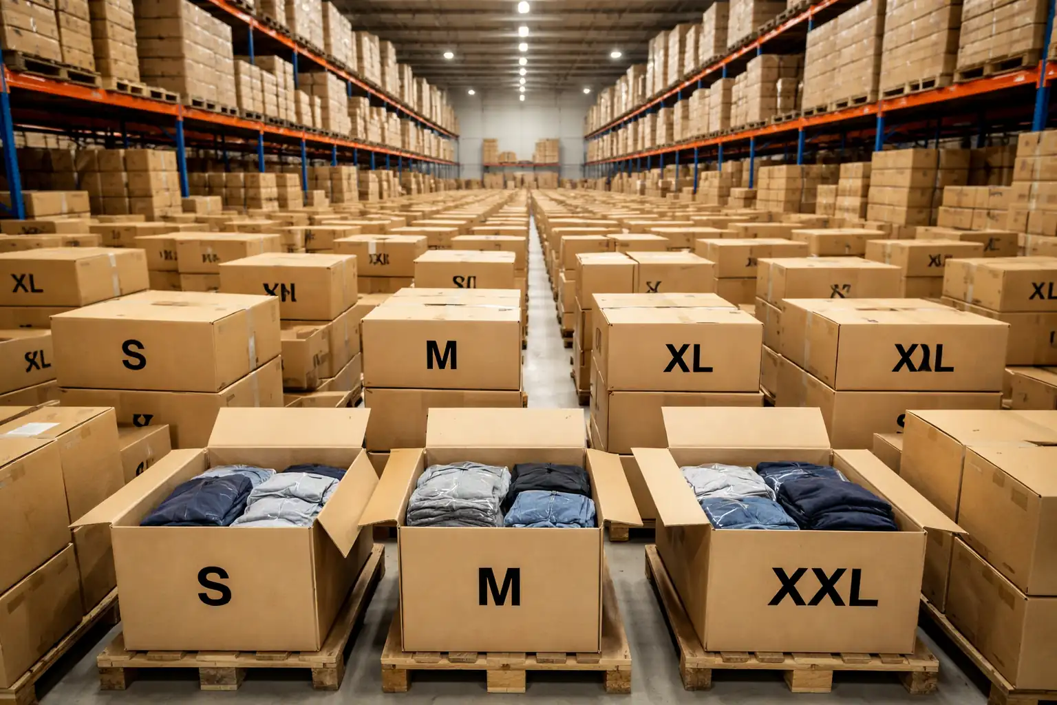 Warehouse logistics setup with labeled cartons and folded garments prepared for wholesale private label apparel distribution