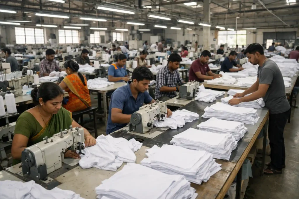 T-shirt manufacturer operating stitching line in knitwear production unit