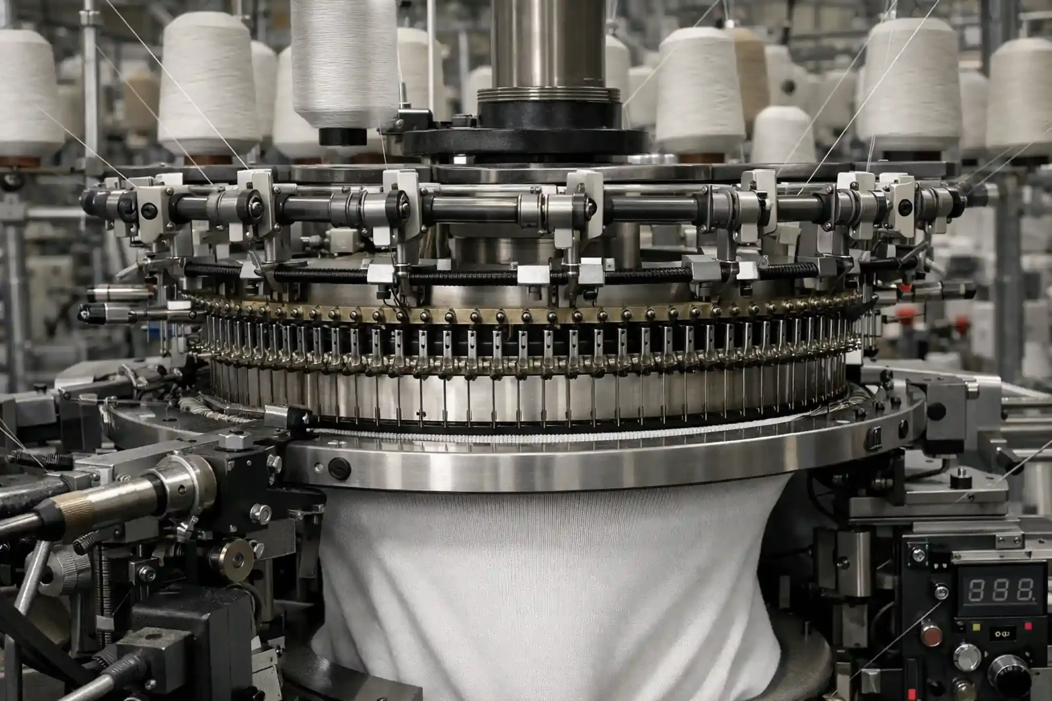 Single jersey cotton fabric being produced on circular knitting machine