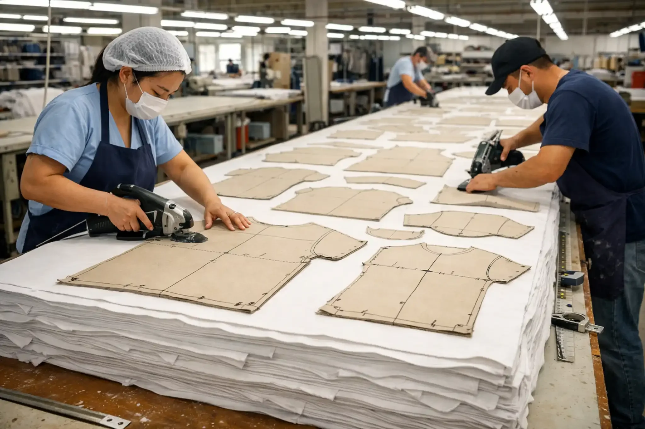 T-shirt panels being cut in structured garment manufacturing facility