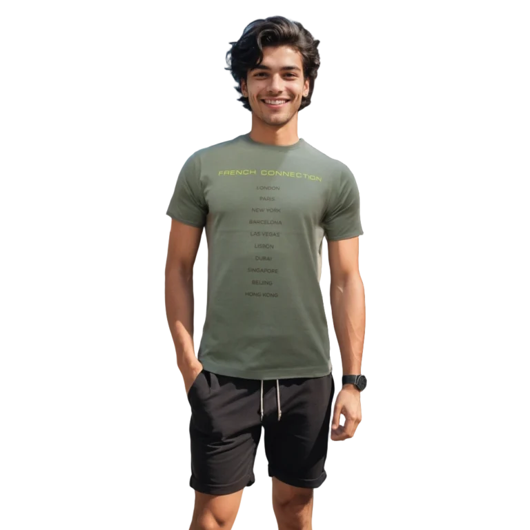 a man standing in shorts and a green shirt