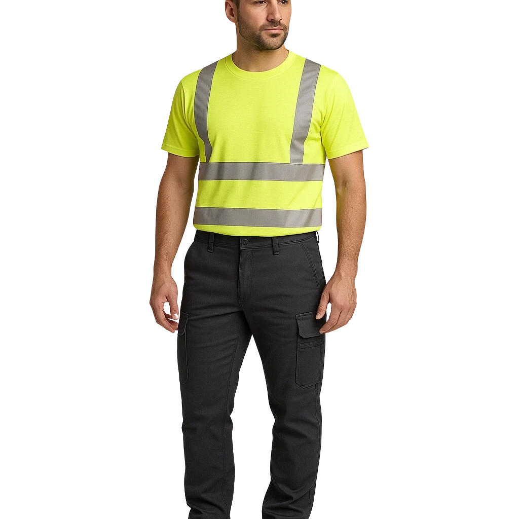 a man wearing a yellow safety vest and black pants