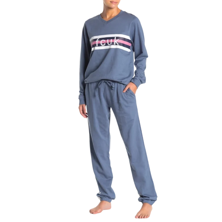 a woman wearing a blue pajama