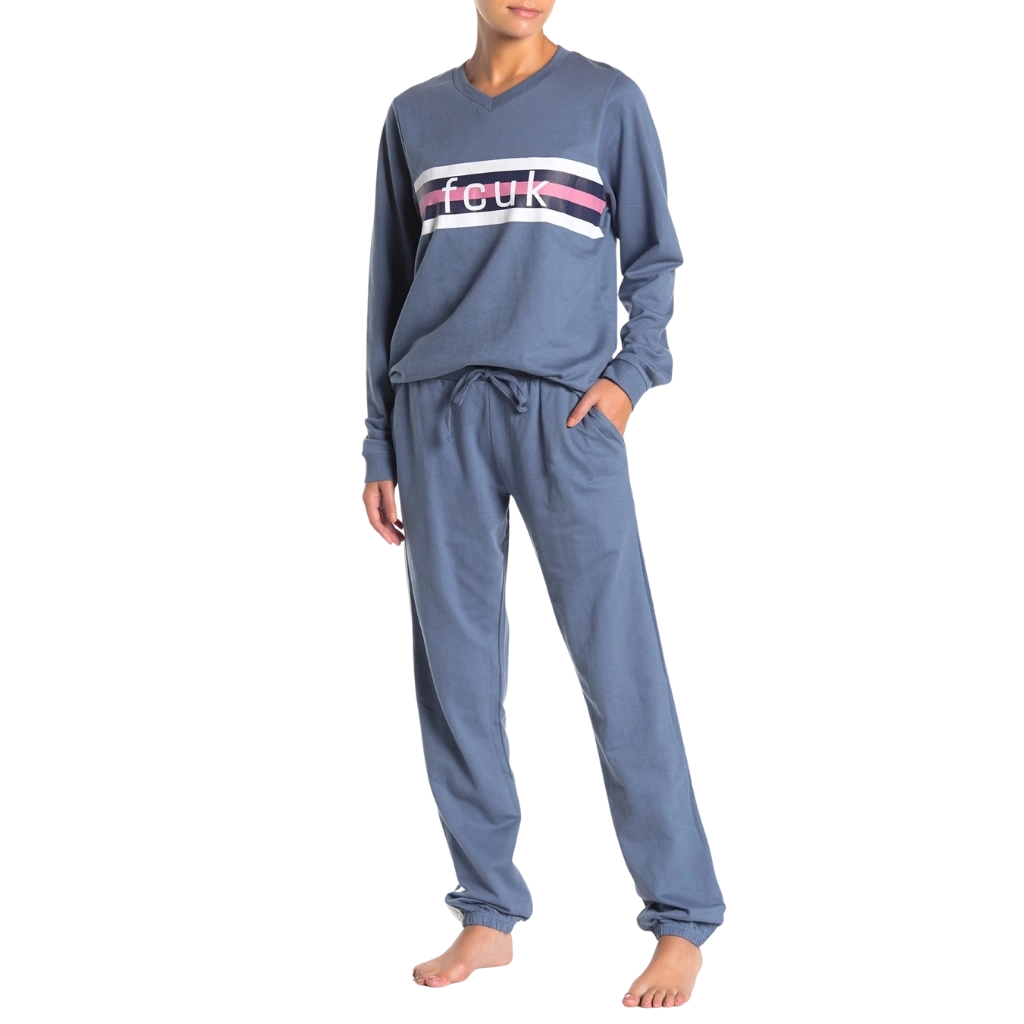 a woman wearing a blue pajama