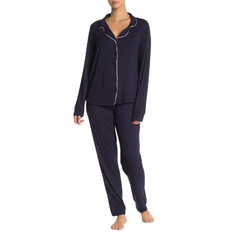 a woman wearing a blue pajamas