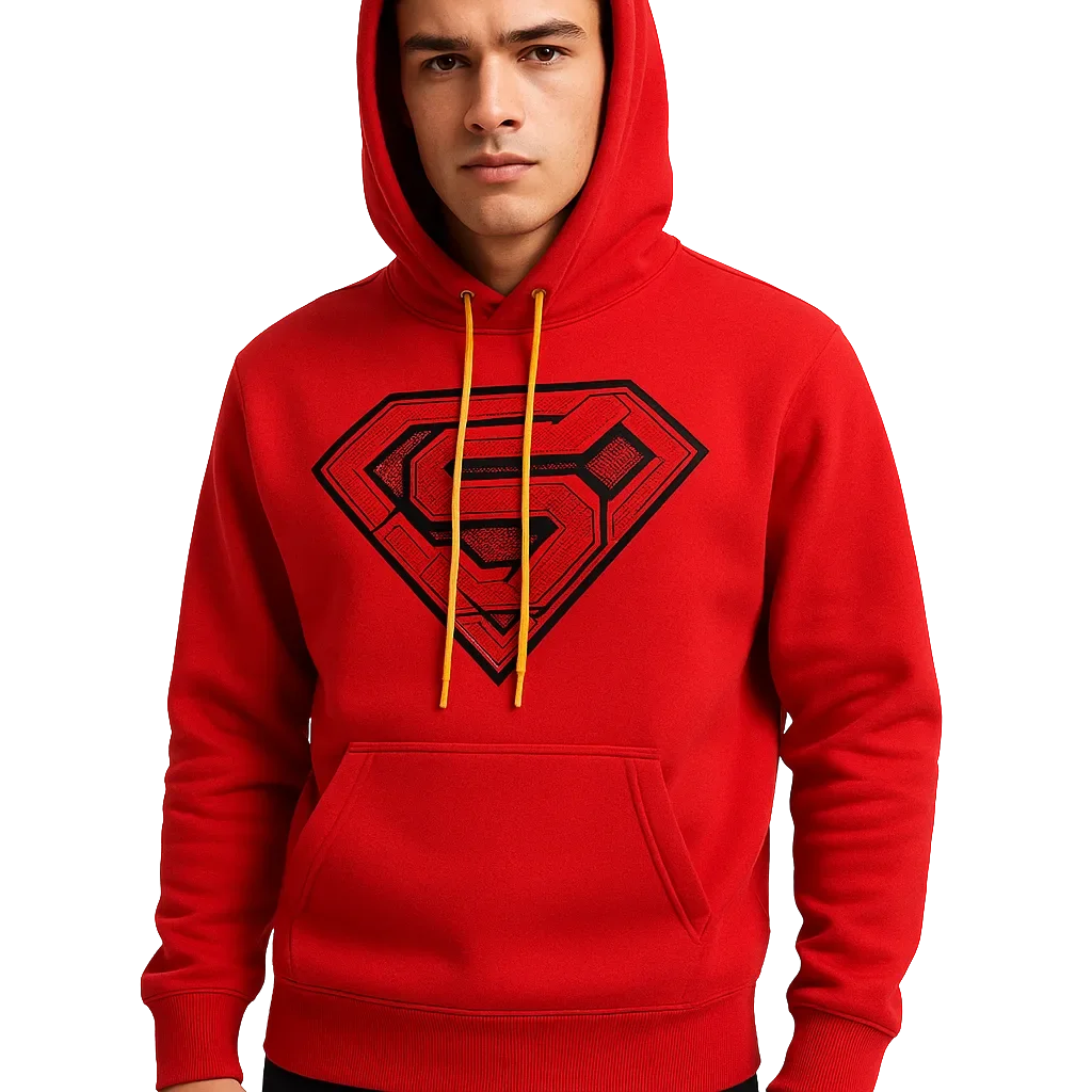 a man in a red hoodie