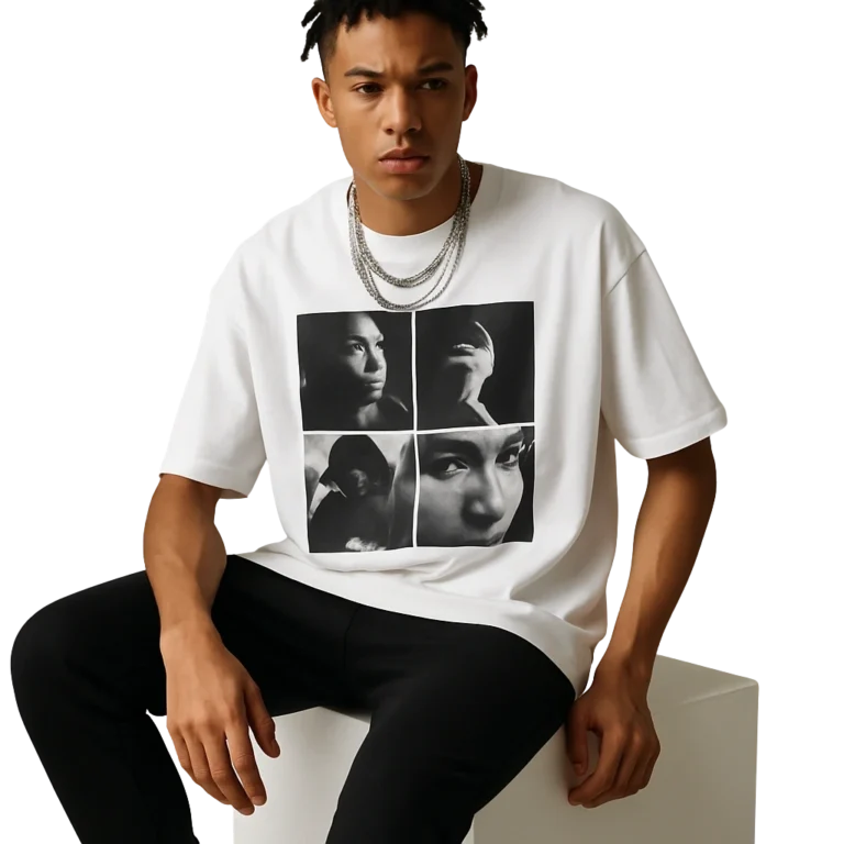 a man sitting on a white cube