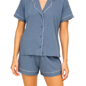 a woman wearing a blue pajamas