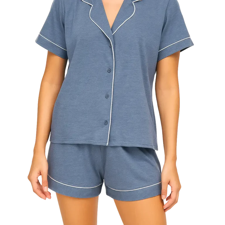 a woman wearing a blue pajamas