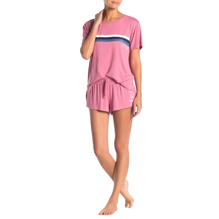 a woman in pink pajamas