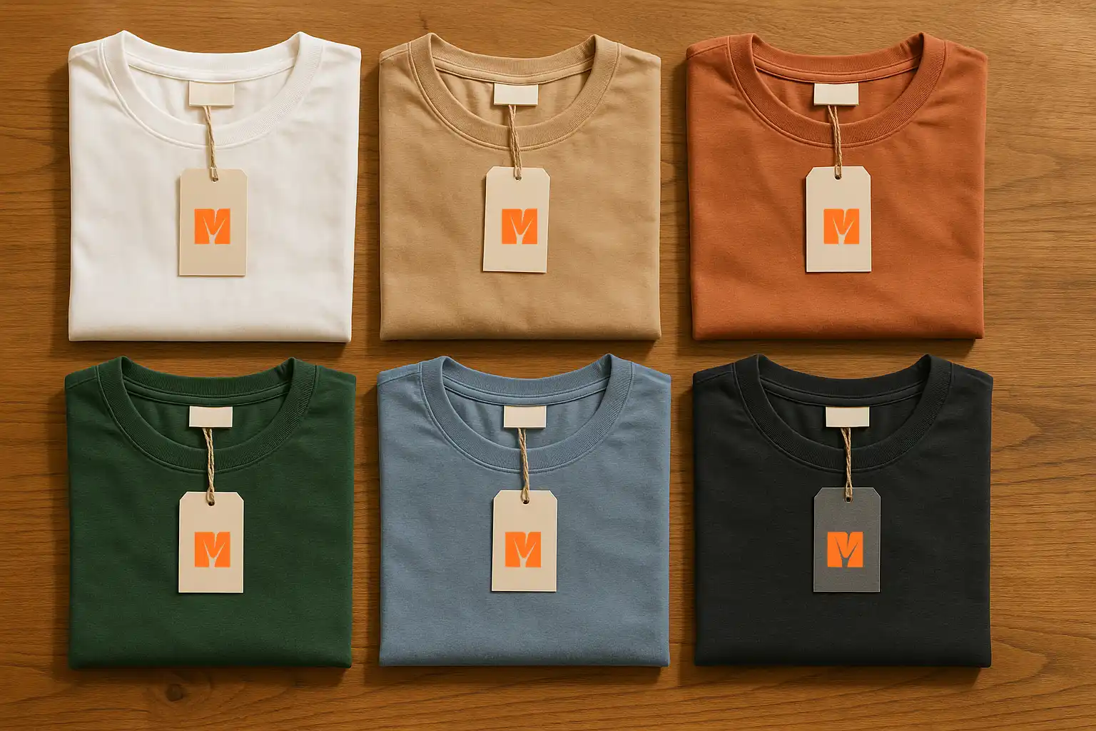 a group of folded shirts with tags on them