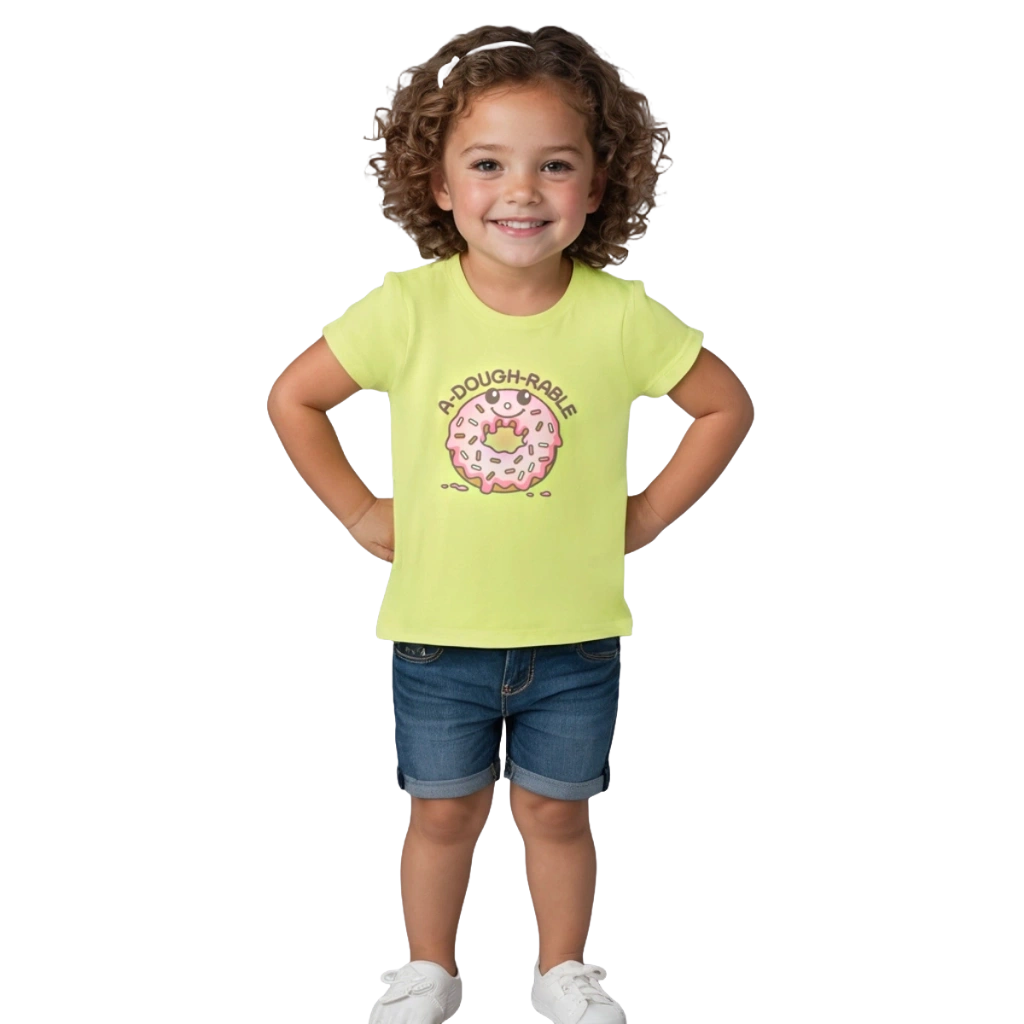 a girl with curly hair wearing a yellow shirt and shorts
