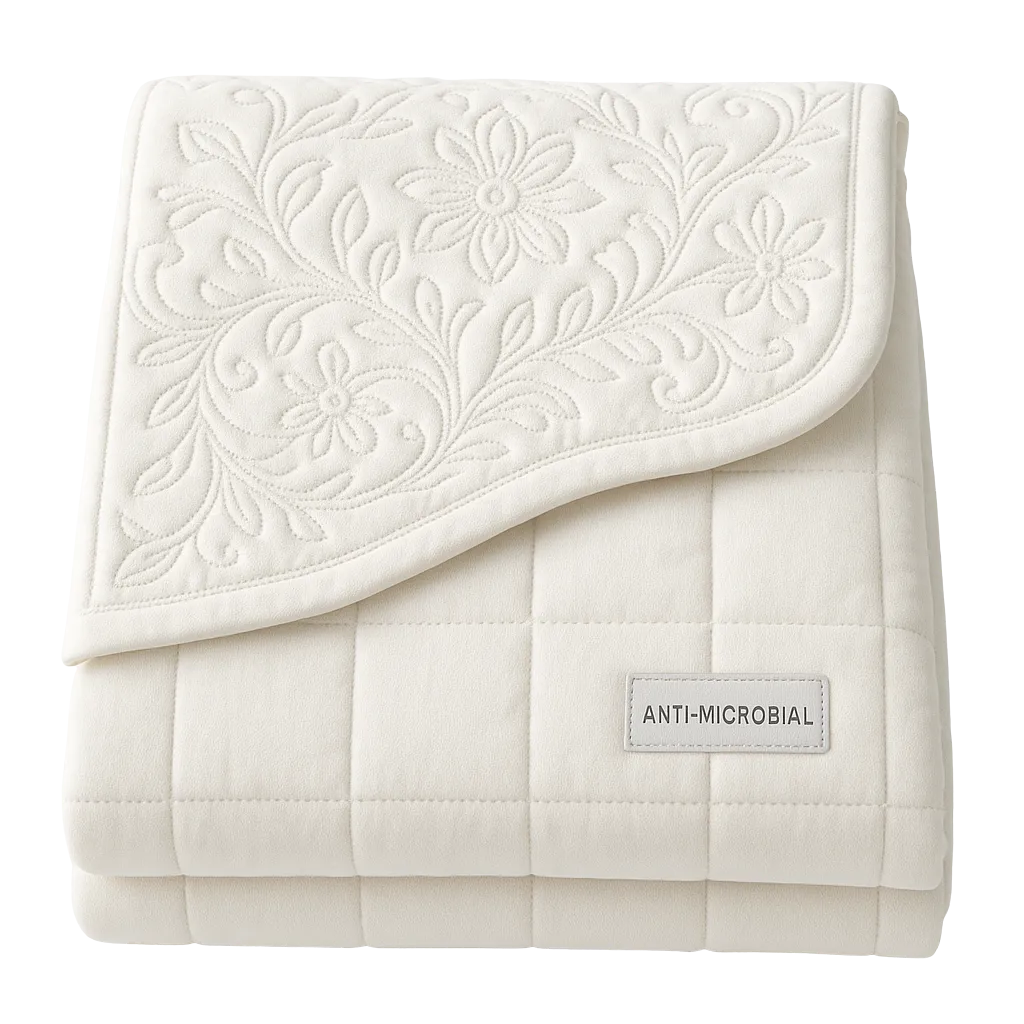 a white blanket with a floral design