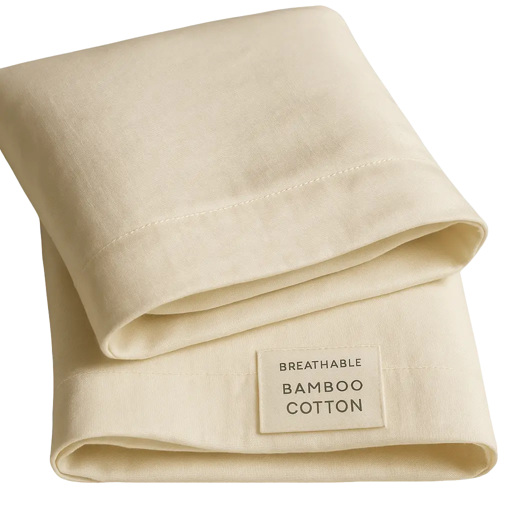 a folded white blanket with a black label