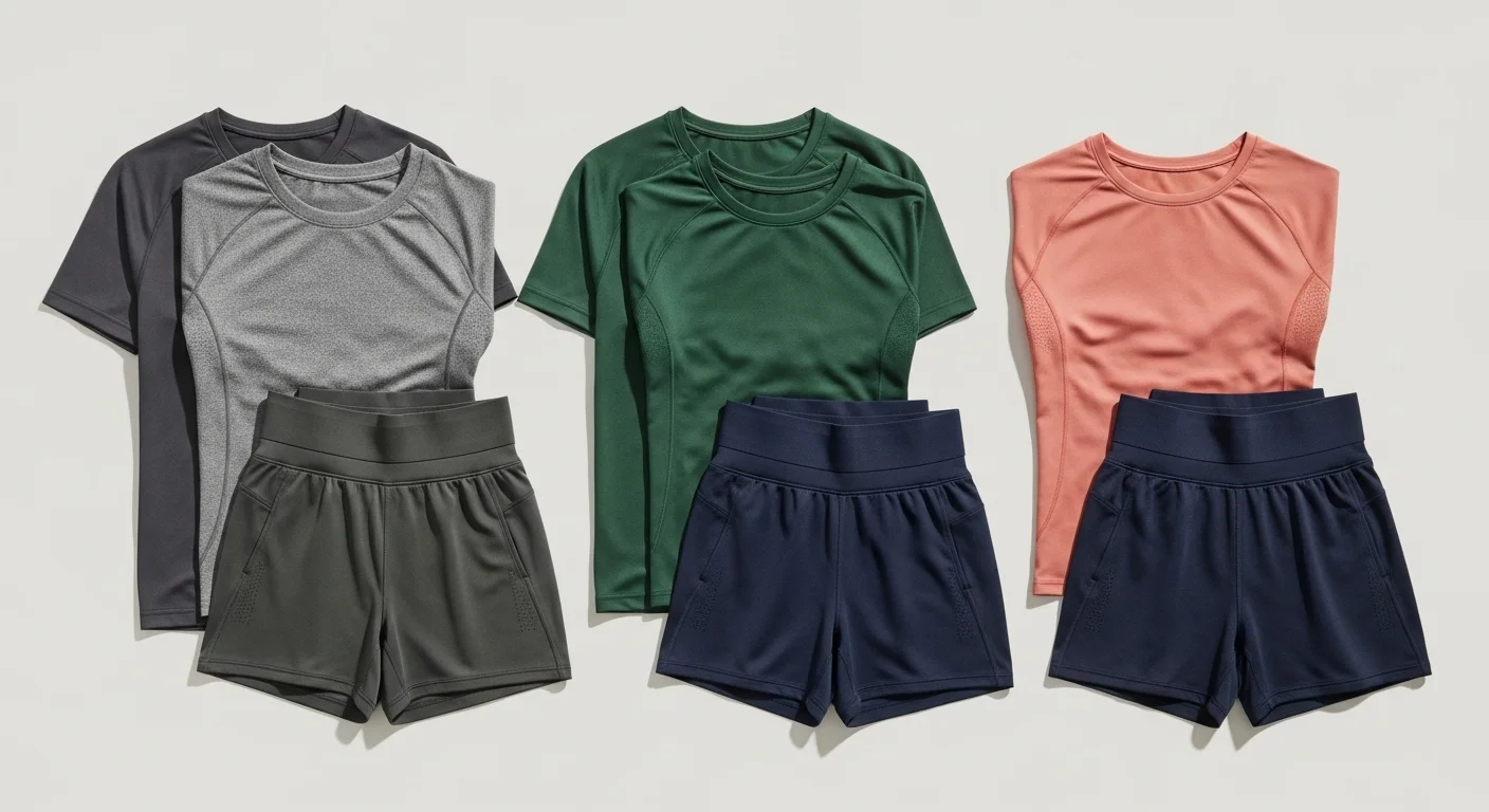 Colorful athletic wear sets displayed neatly