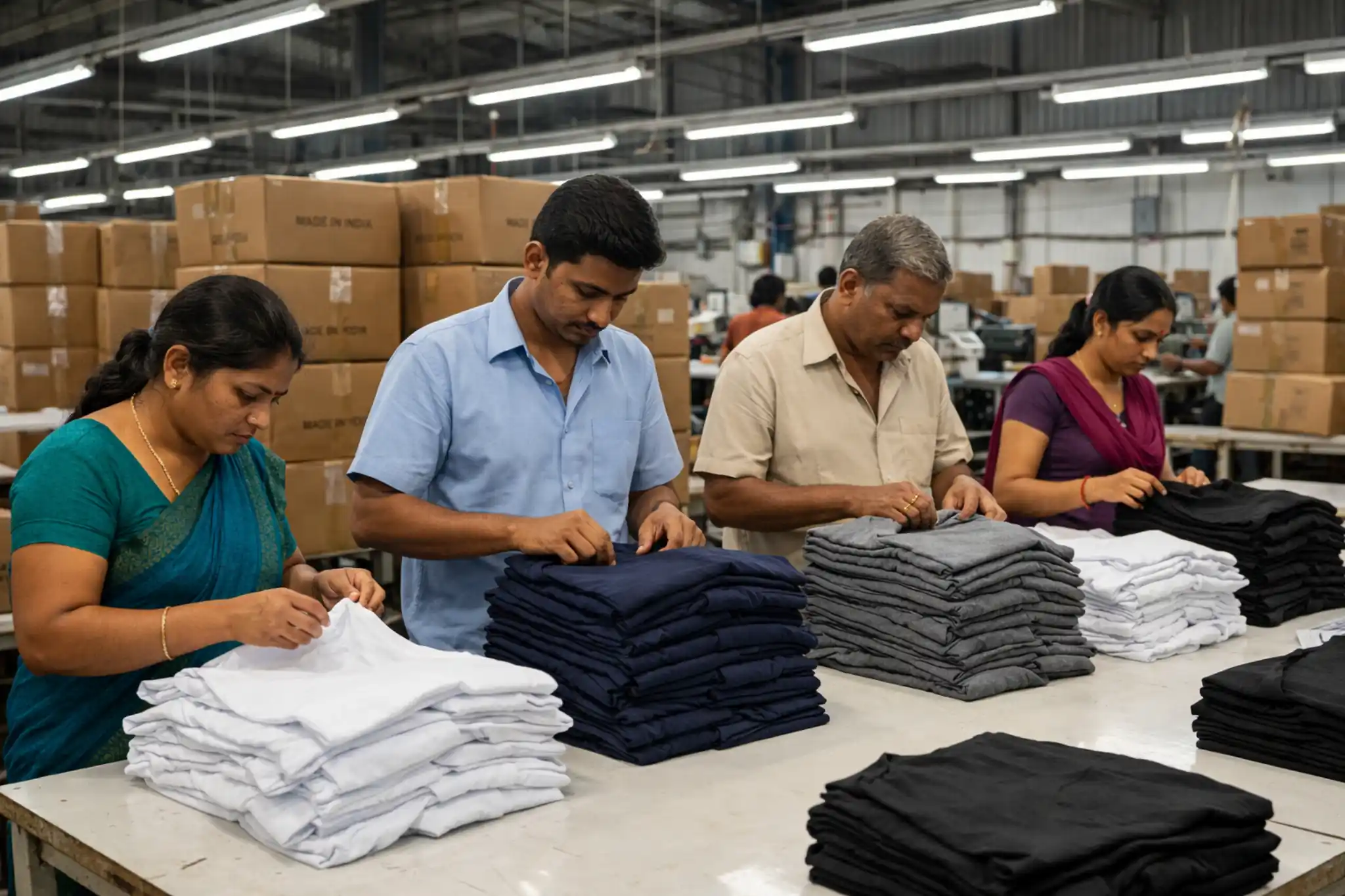 T-shirt export company in India inspecting bulk garments for international shipment