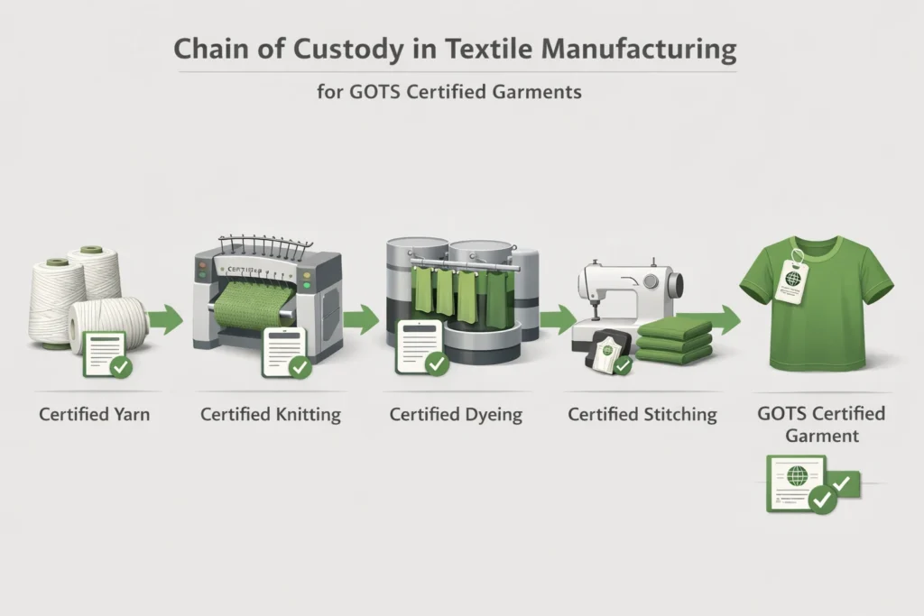 chain of custody in GOTS certified garments showing traceability across certified yarn, fabric, dyeing and stitching stages