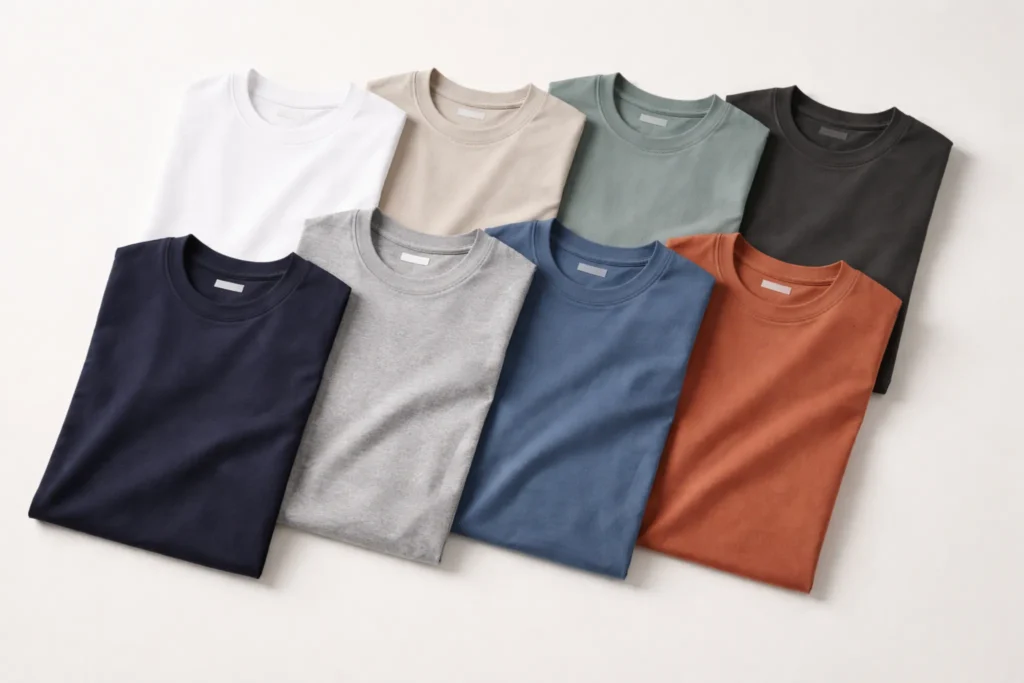 Crew neck t-shirts manufacturing in India with different fabric colors and premium cotton finish