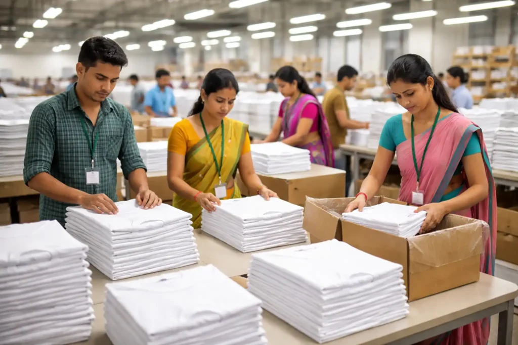 Garment factory packing crew neck t-shirts for export production in India