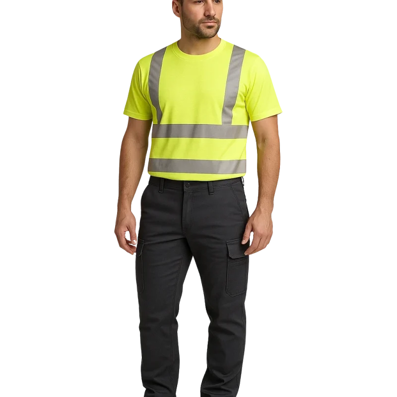 a man wearing a yellow safety vest and black pants