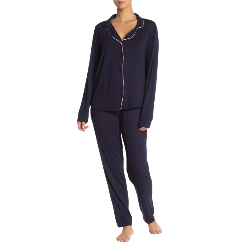 a woman wearing a blue pajamas