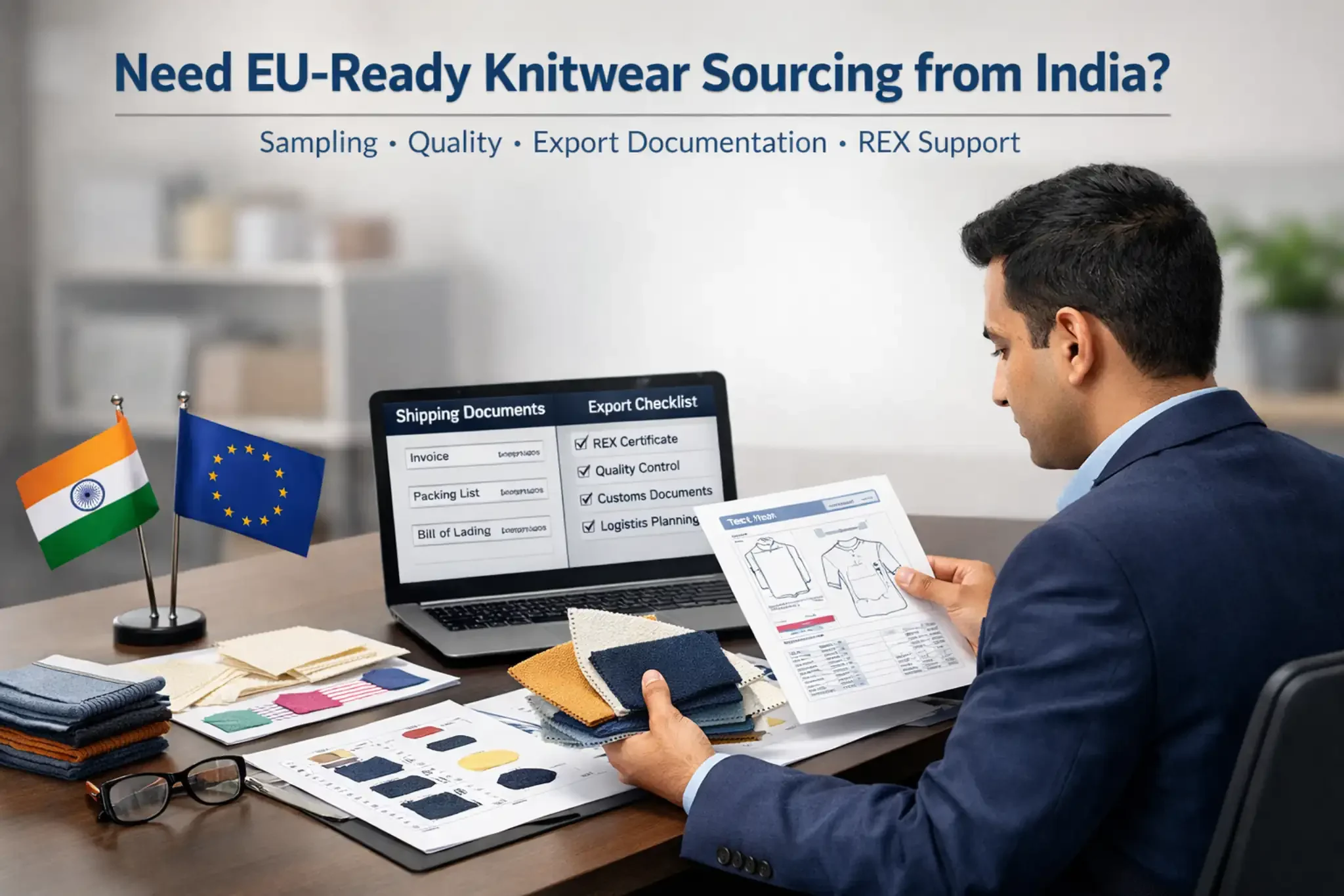 Man reviewing knitwear sourcing documents.