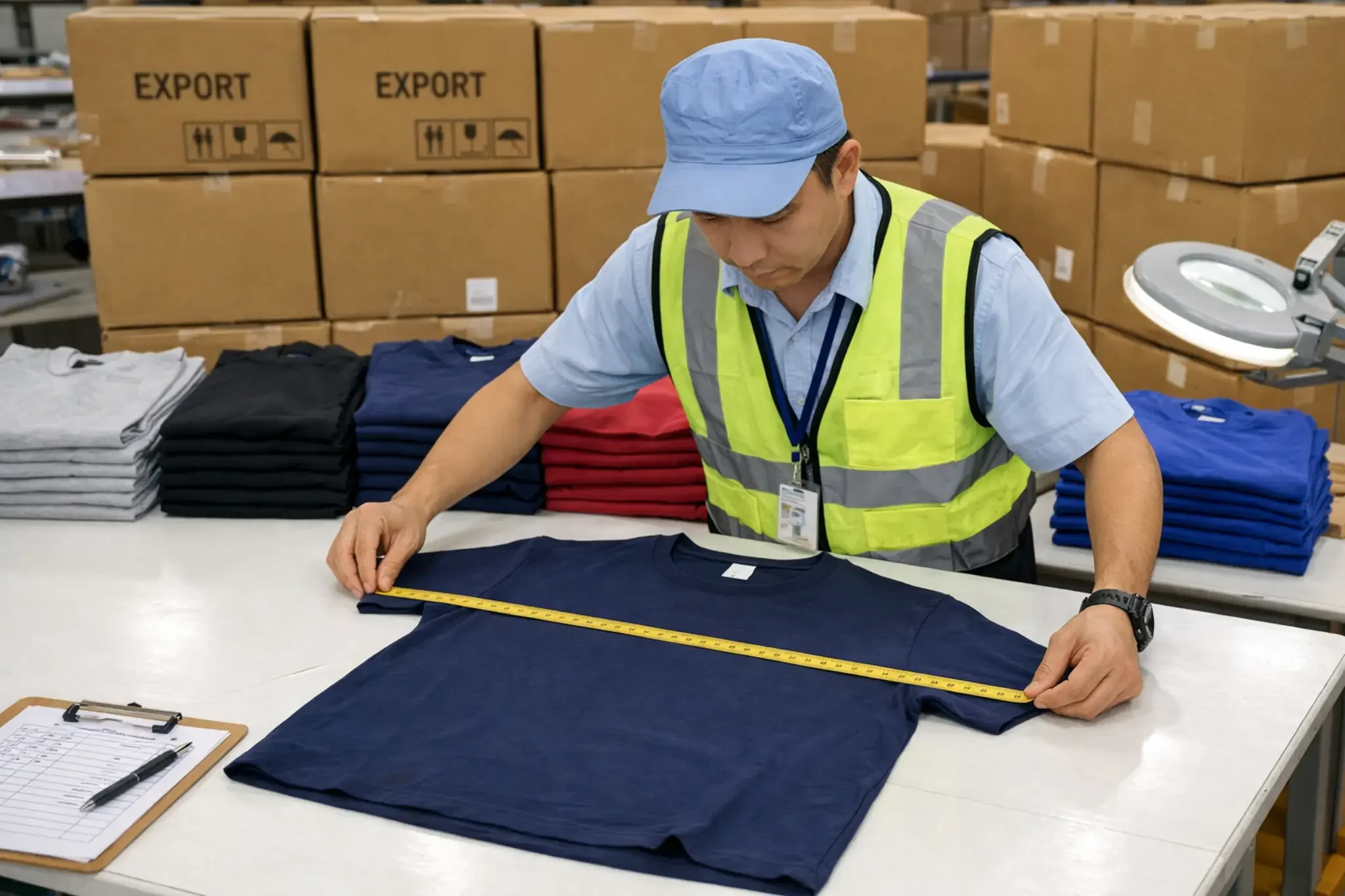 Quality inspection process in bulk T-shirt production facility